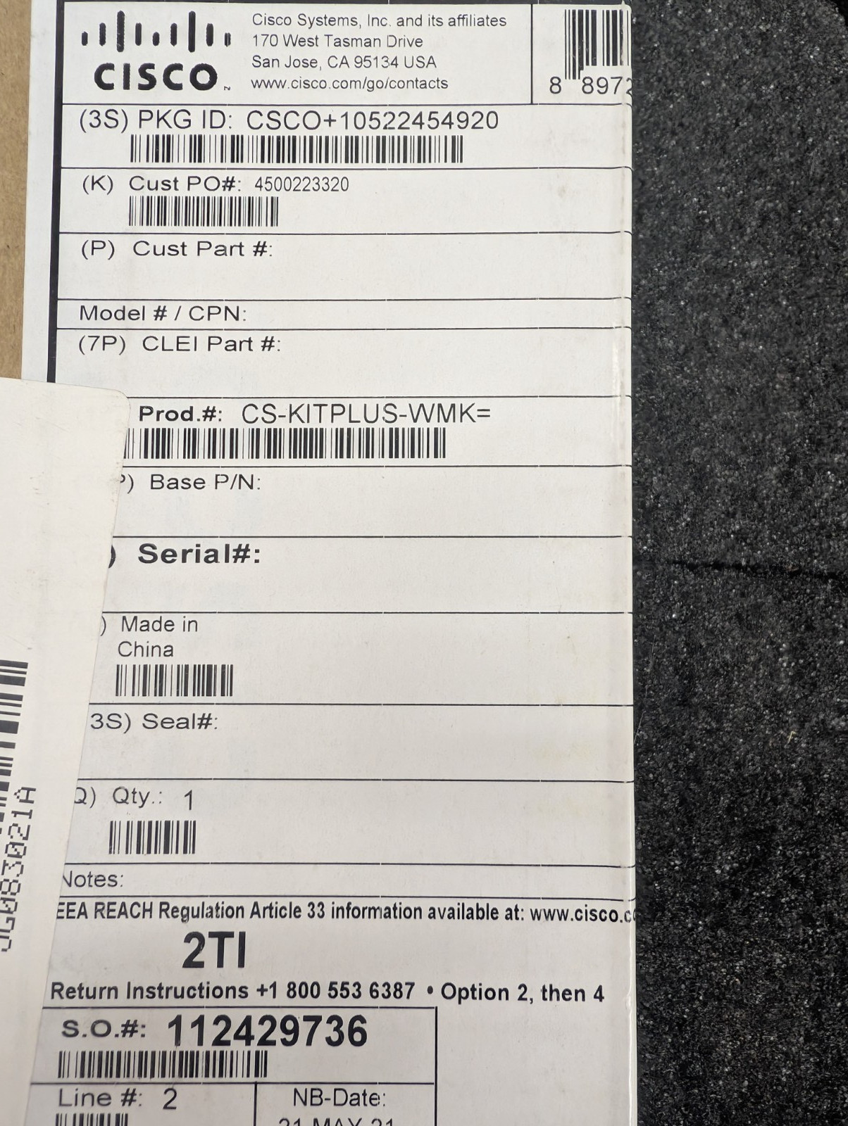 New, Cisco, CS-KITPLUS-WMK=, Wall Mount Kit Spark Codec Plus