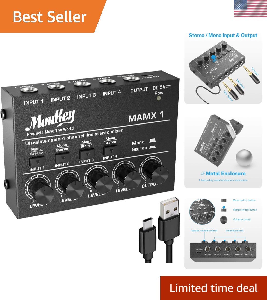 DC 5V Powered Mini Mixer - 4-Channel Low Noise Mixer for Guitars & Keyboards