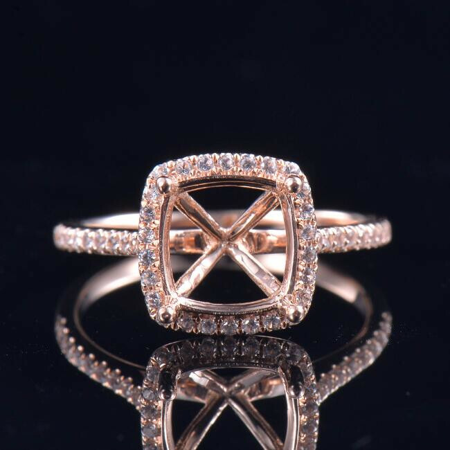 Cushion 8×8MM Real Genuine Diamond Ring Semi Mounting 14K Rose Gold Fine Jewelry
