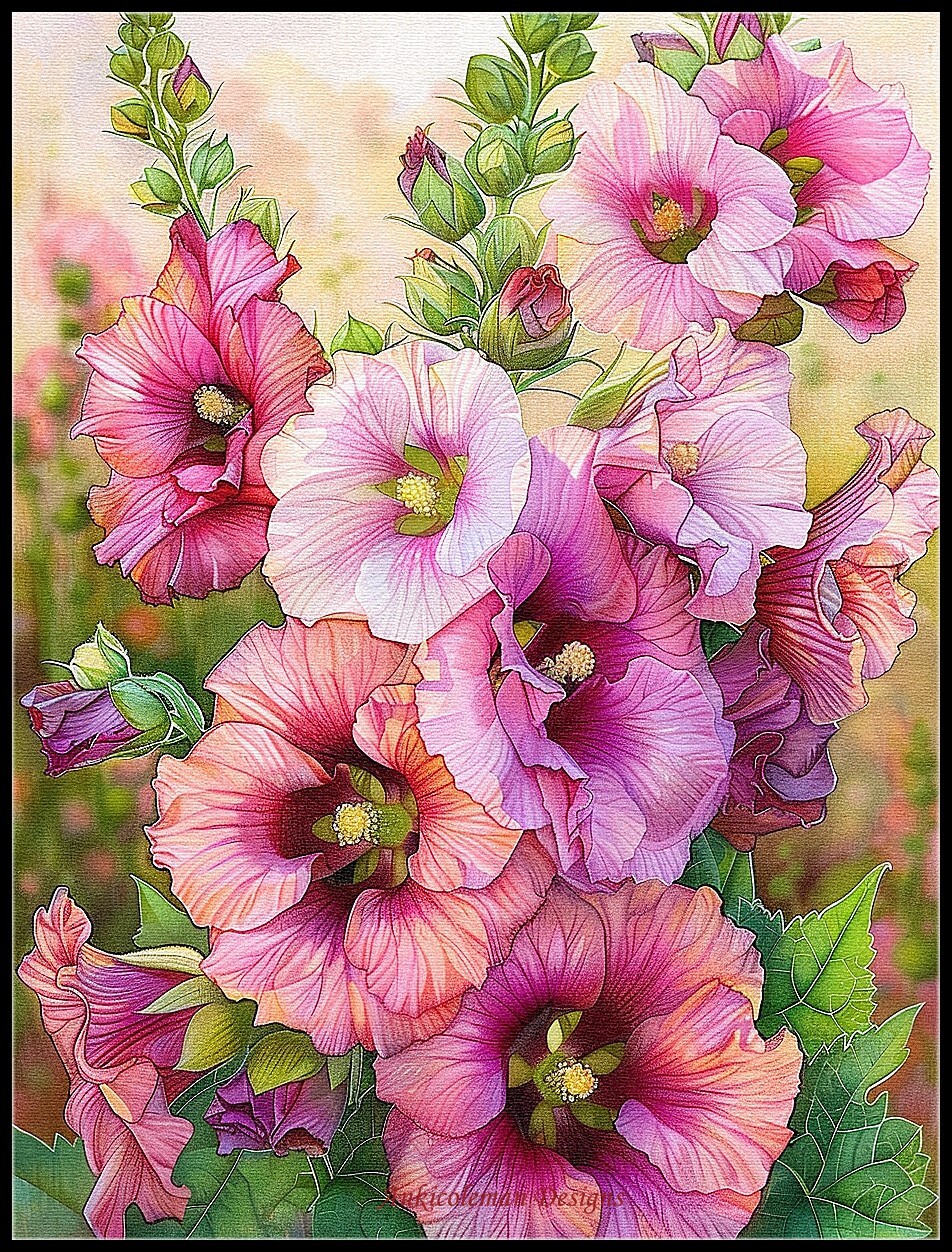Hollyhocks in Evening Glow 2 - Chart Counted Cross Stitch Patterns Needlework
