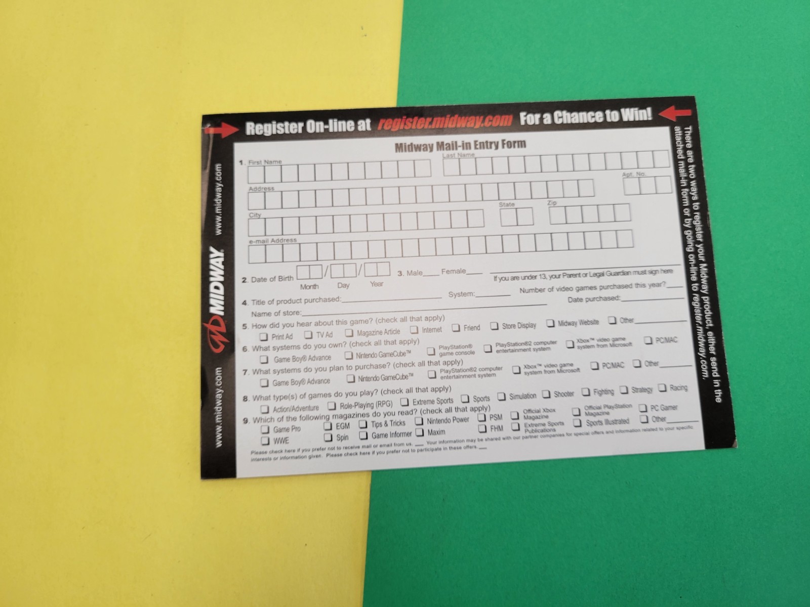 Midway Registration Mail In INSERT ONLY Authentic GameCube PlayStation 2 XBOX