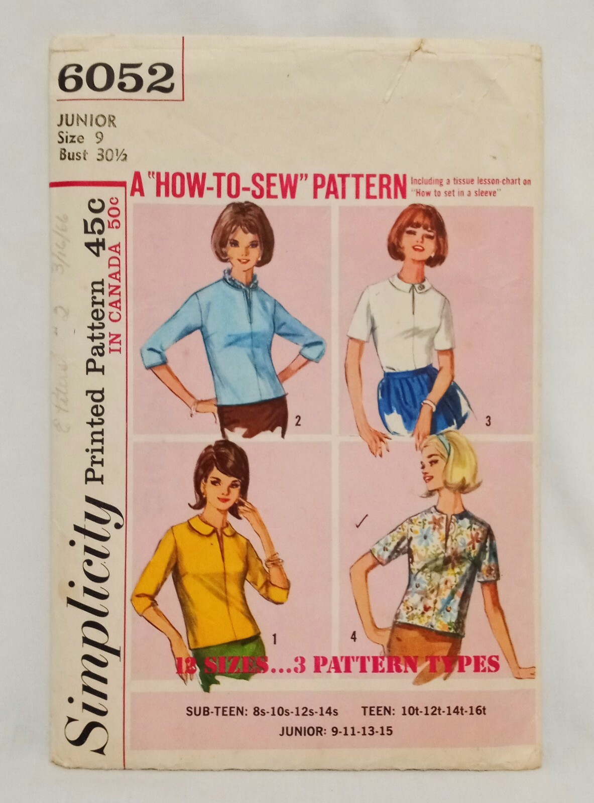 Blouse Sewing Pattern 6052 Simplicity 1965 Junior size 9 Bust 30 1/2 Precut