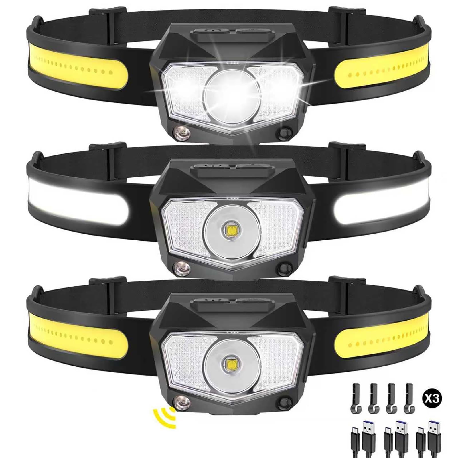 Headlamp Rechargeable 3Pack, 230°Wide Beam COB & 60° Super 3 Pack, Black