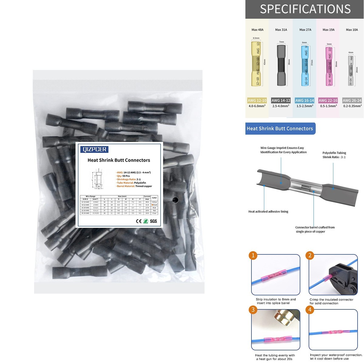 Qizpcer Heat Shrink Butt Connectors, 50Pcs 14-12 AWG Black Marine Grade