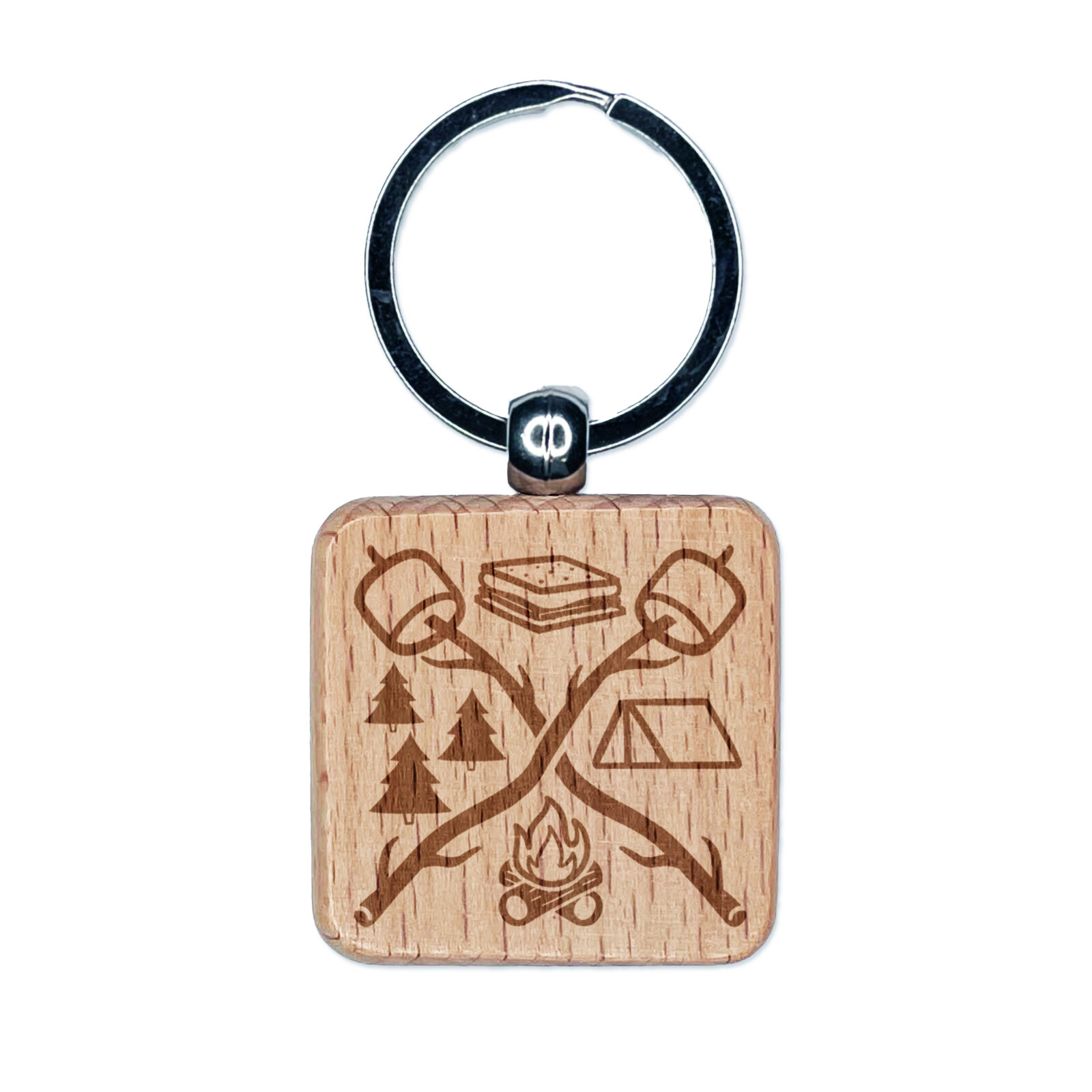 Camping S'mores Campfire Tent Marshmallows Engraved Wood Square Keychain