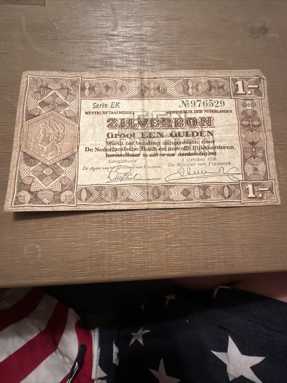 1938 Netherlands Zilverbon Een (1) Gulden Banknote