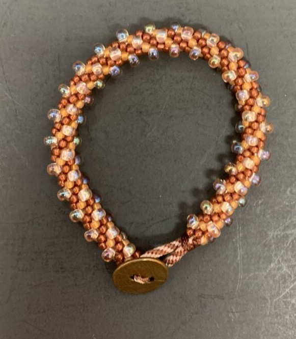 Handmade 8.5" Beaded Bracelet W/Copper Leaf Circle Button Enclosure 18.22G