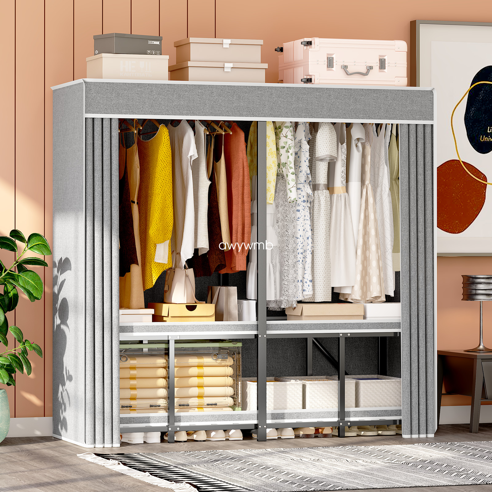 Portable Closet Wardrobe,Wardrobe Closet Organizer w/ Oxford Cloth Fabric Cover