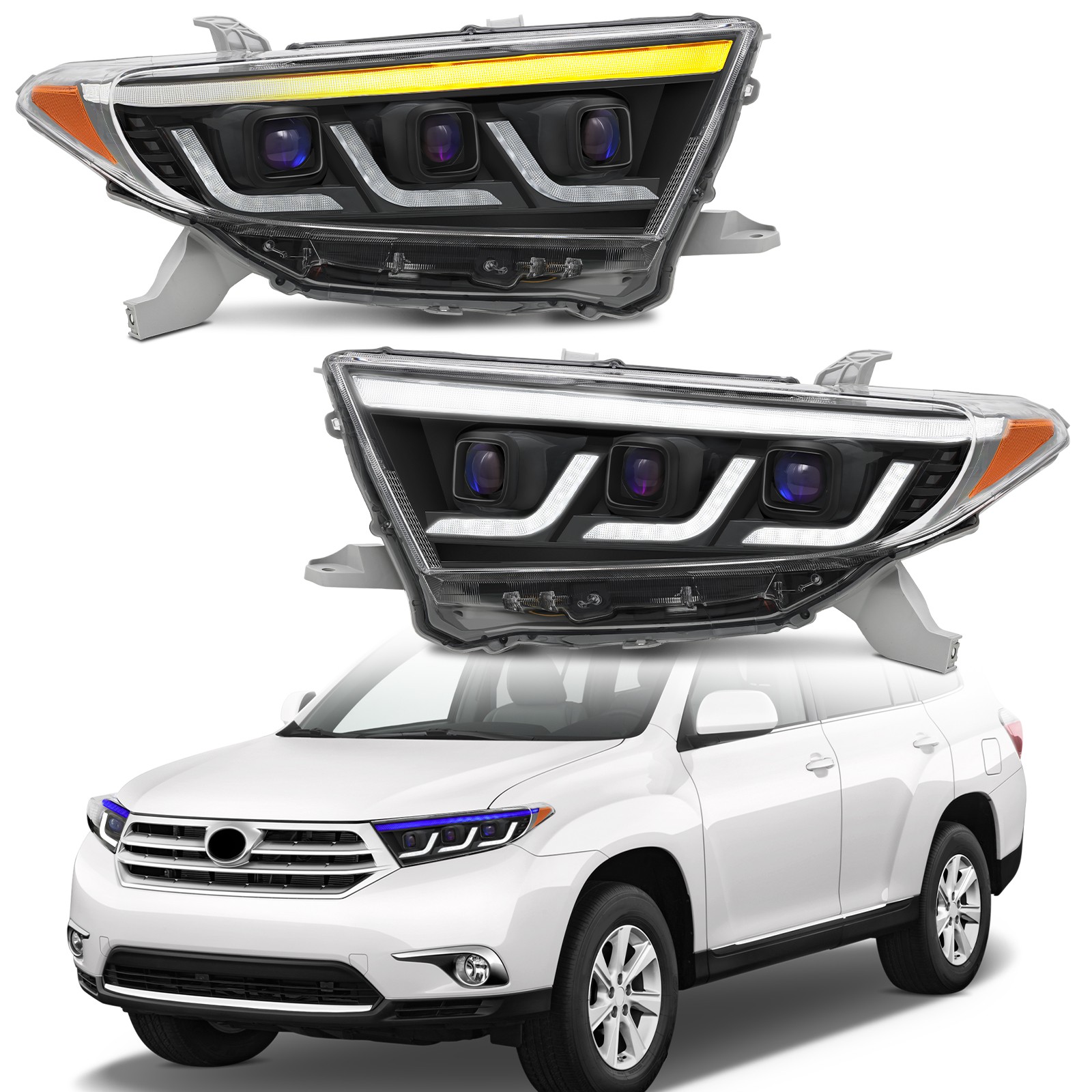 Triple LED Projector Headlights w/Sequential For 2011 2012 13 Toyota Highlander