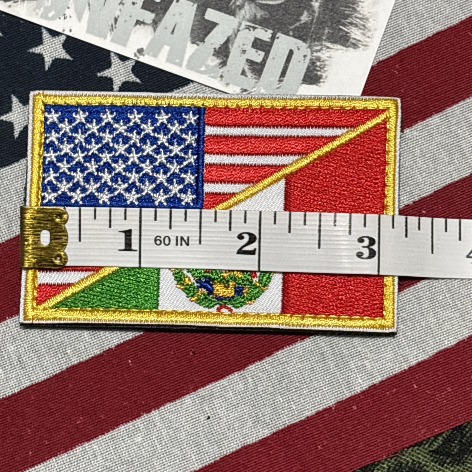 American Mexican Split Flag Patch Hook & loop High Quality 2x3”