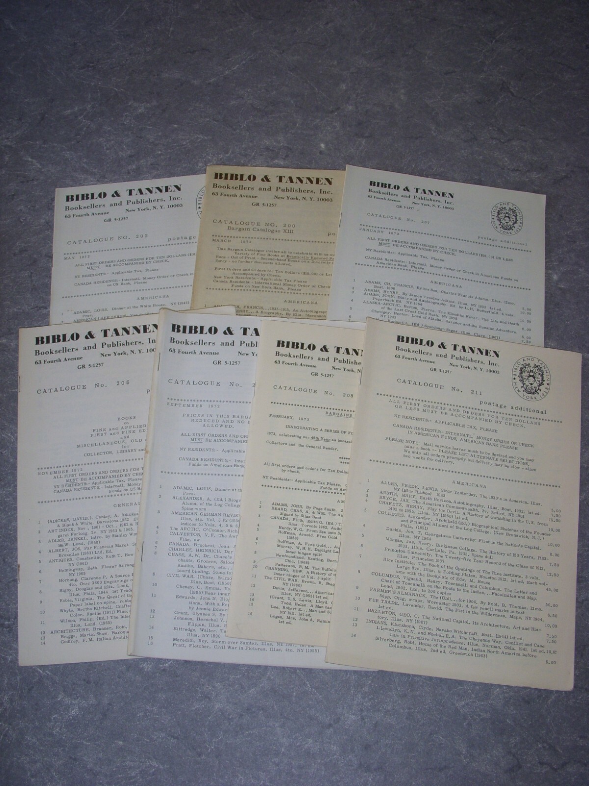 BIBLO & TANNEN CATALOGUE, LOT OF 7, #200, 202, 204, 206-208, 211, 1972-1973!
