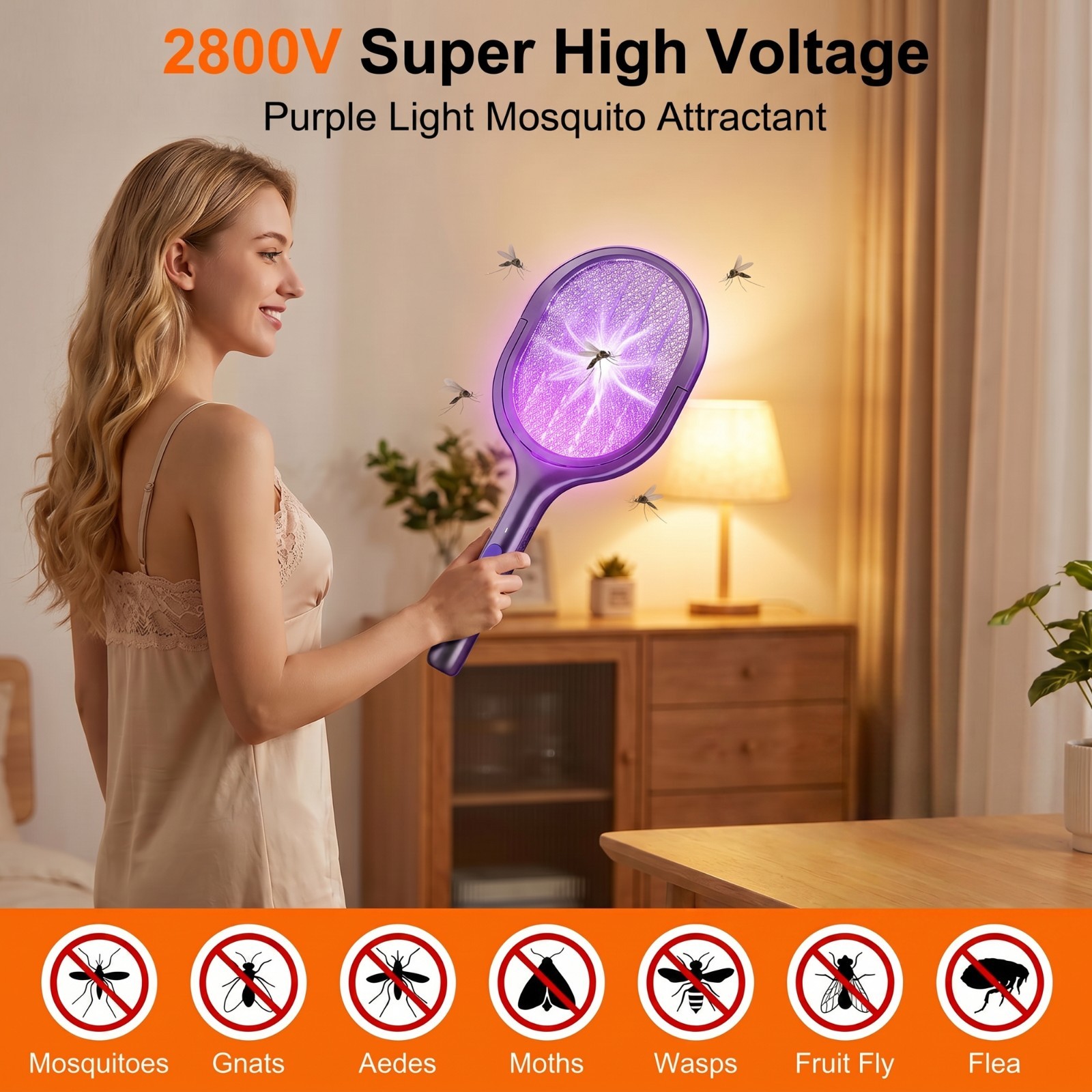 Electric Fly Swatter Racket Rechargeable Bug Zapper with a Telescopic Extensions