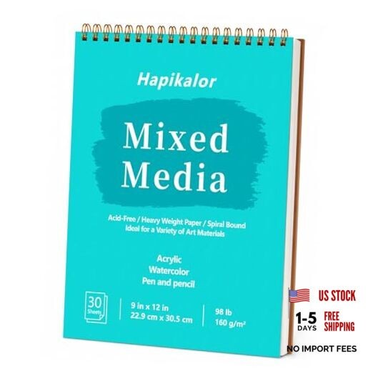 Sketch Book Mixed Media Pad - Top Spiral Bound Sketch Pad, 30 Sheets 9" x 12"