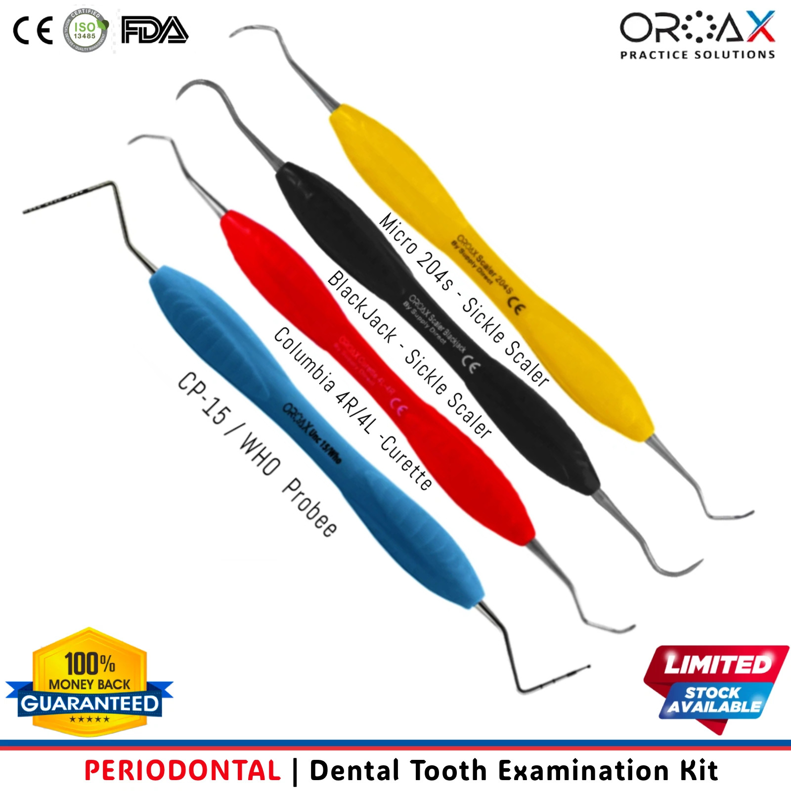 OROAX Dental Periodontal Scaling Kit 4 Piece Ergonomic Color Coded Hand Tools
