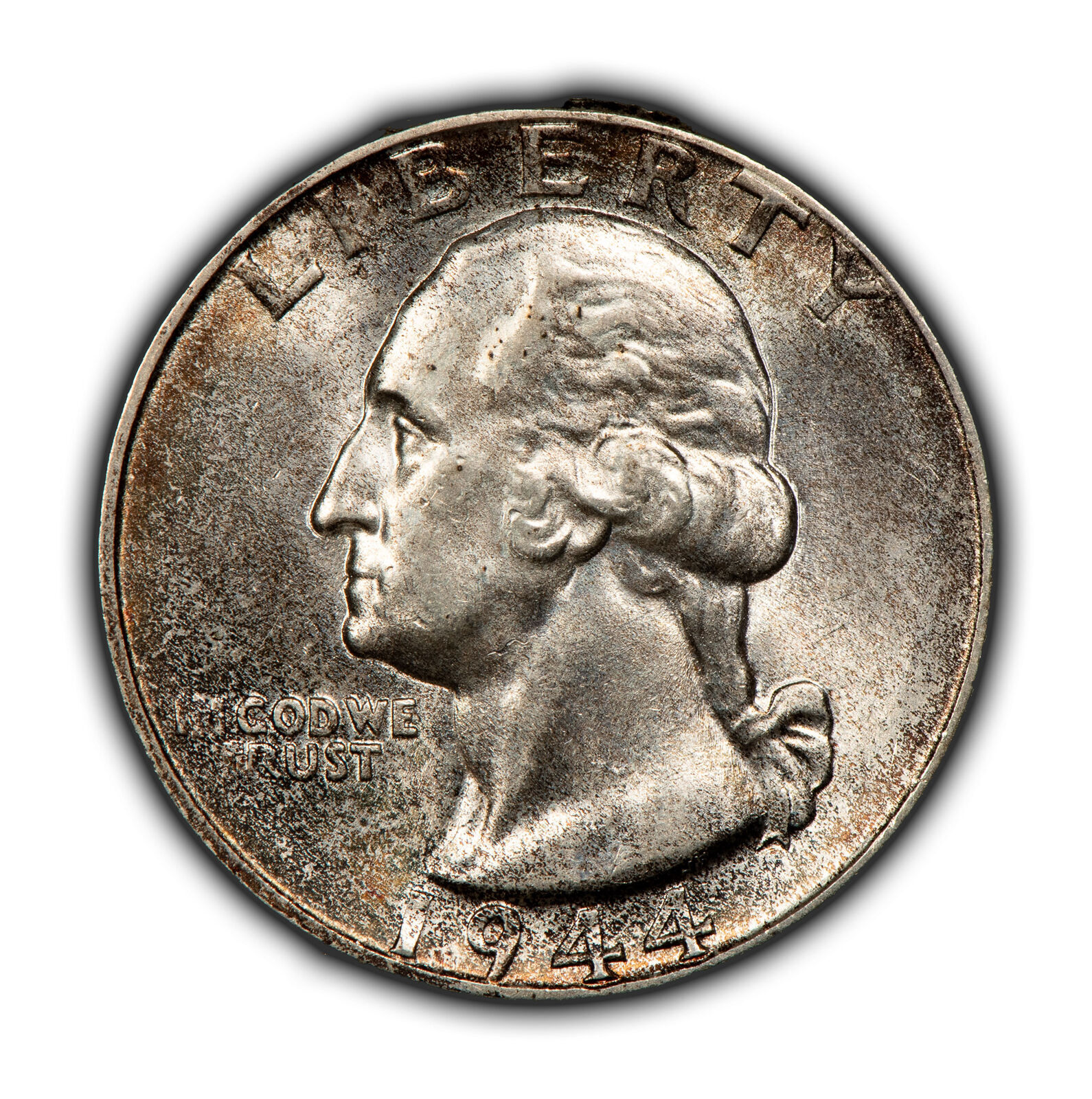 1944 25c Silver Washington Quarter - Speckled Rainbow Toning - BU - SKU-Z4362