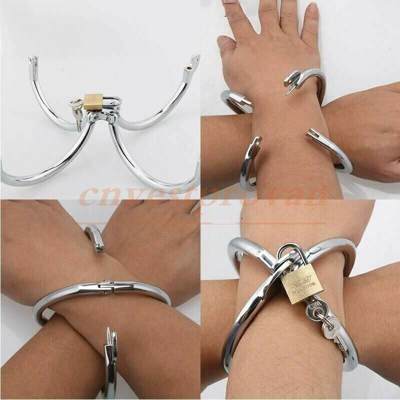 Stainless Steel Cross Wrist Handcuffs Lockable Restraints Servant Games Device
