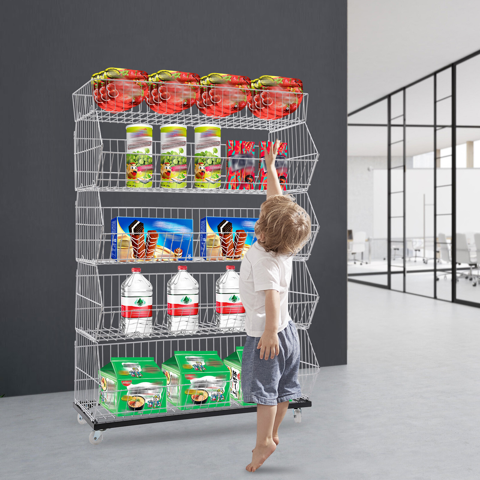 5 Tiers White Black Wire Grid Retail Shelving Shelf Merchandise Display 4 Wheels