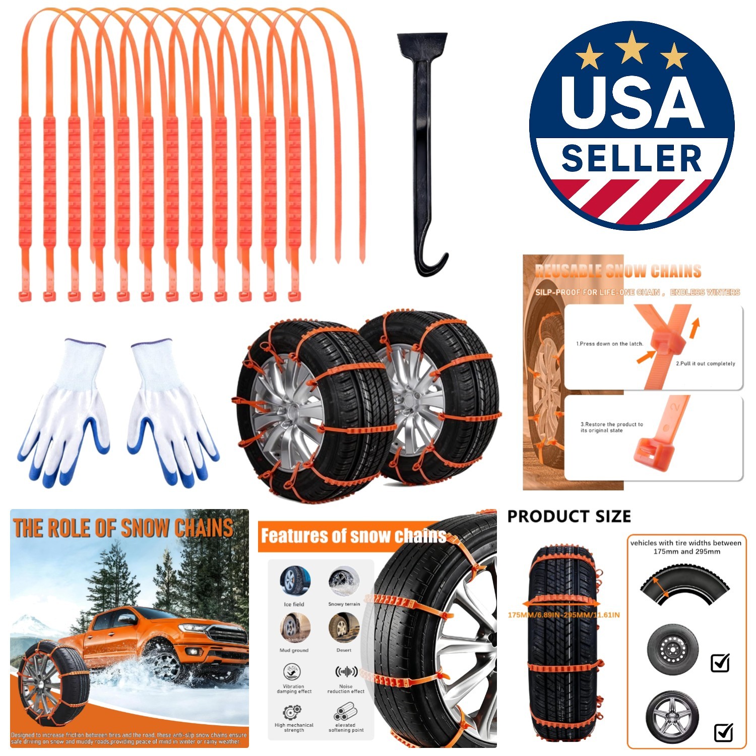 12 Pcs Universal Snow Chains - Reusable Anti-Skid Tire Chains for Winter Safety