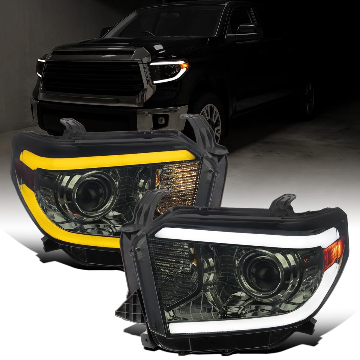 14-21 Toyota Tundra LED Switchback Sequential Turn Signal Proj Headlights Smoke