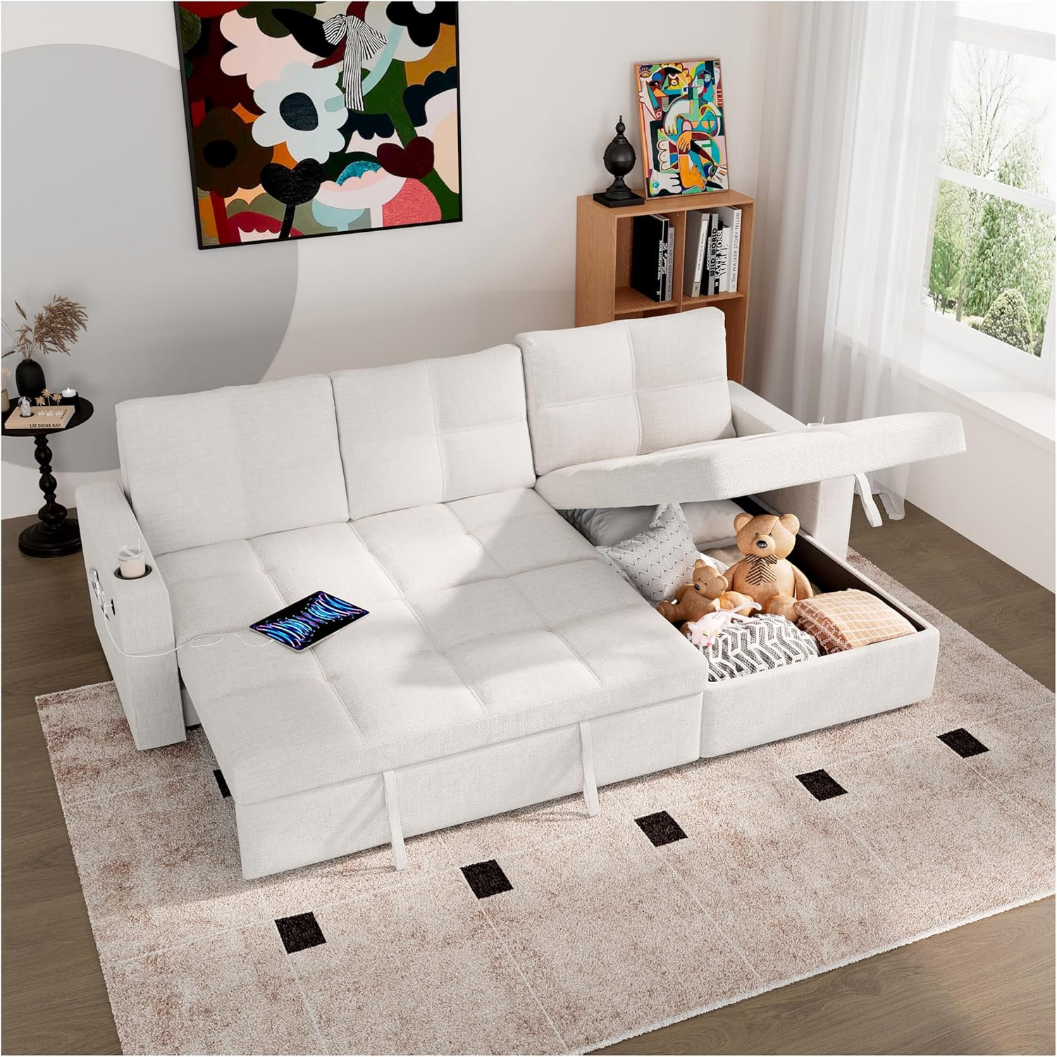 85” 3-in-1 Sofa Bed with Chaise, Charging Station & Cup Holder