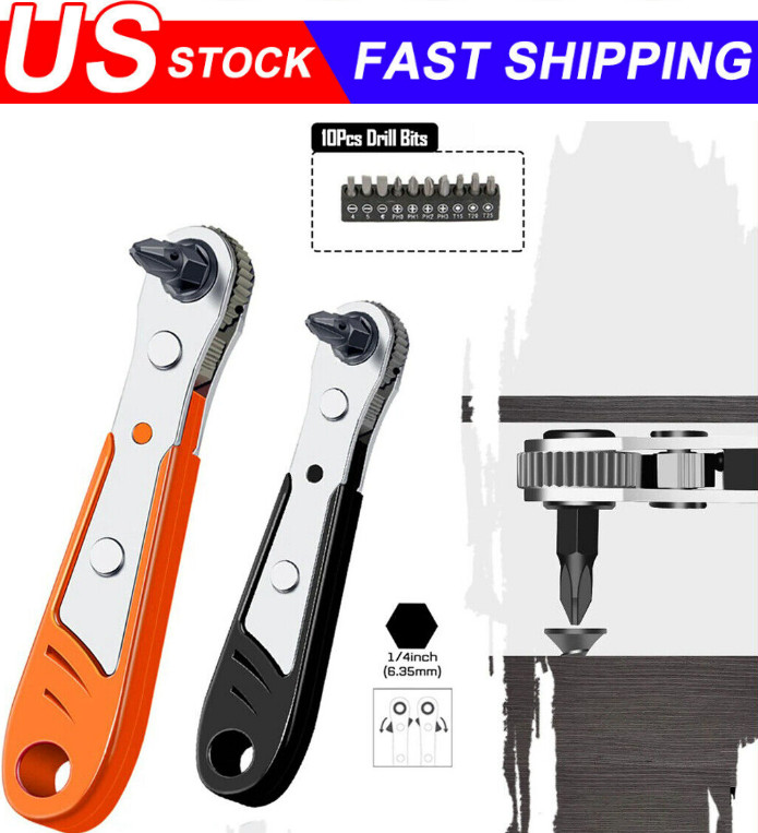 Ratcheting Right Angle Screwdriver Hex Drive 90 Degree Offset + 10pc Bits Set!
