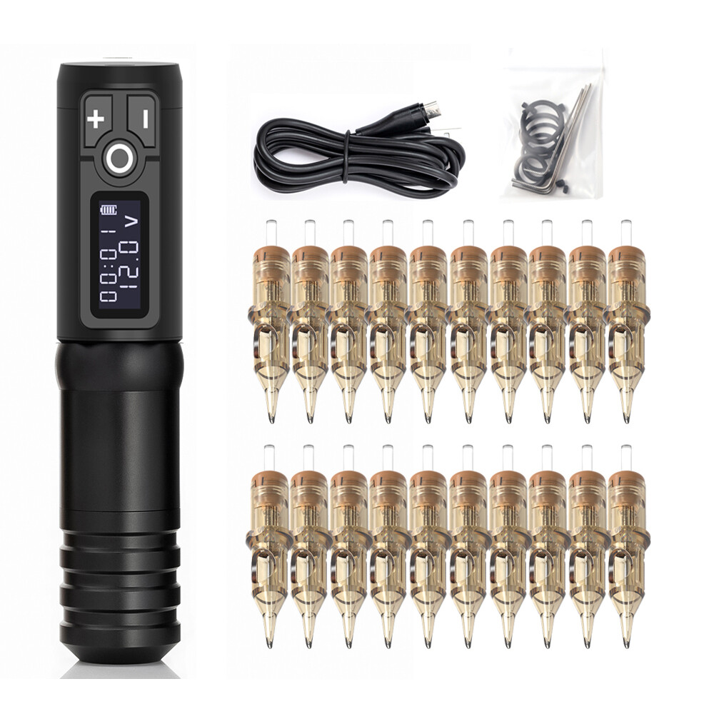 Wireless Tattoo Machine Kit Rotary Pen Battery Power Supply 20pcs Cartridges Set