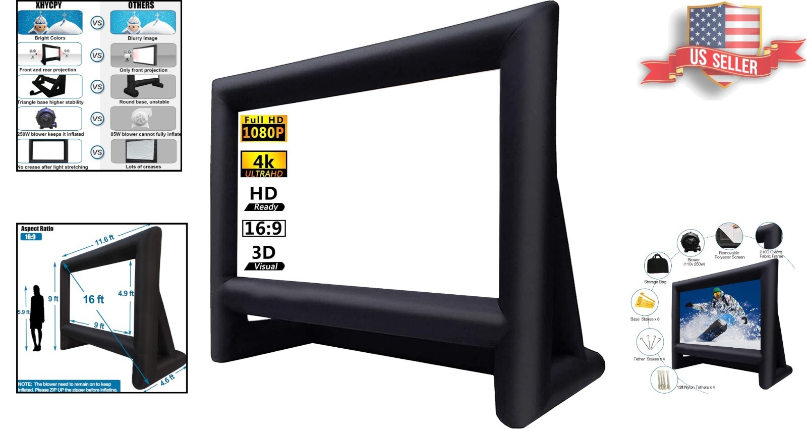 Outdoor Projector Screen - 16ft Inflatable Movie Screen - Front/Rear Projection