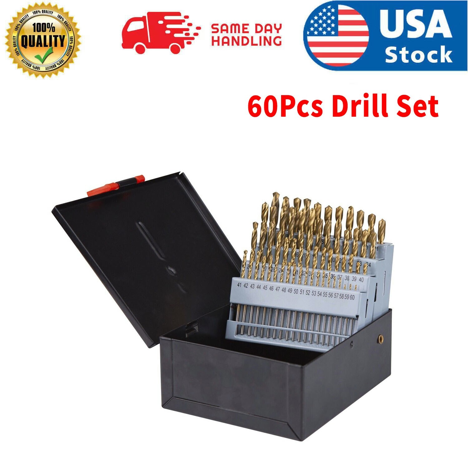 60Pcs 135° High Speed Steel Heavy-Duty Jobber Length Drill Set, 1 - #60 Size