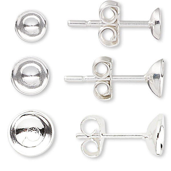 Pair Sterling Silver Stud Post Round Cup Earring Findings for Beads & Cabochons