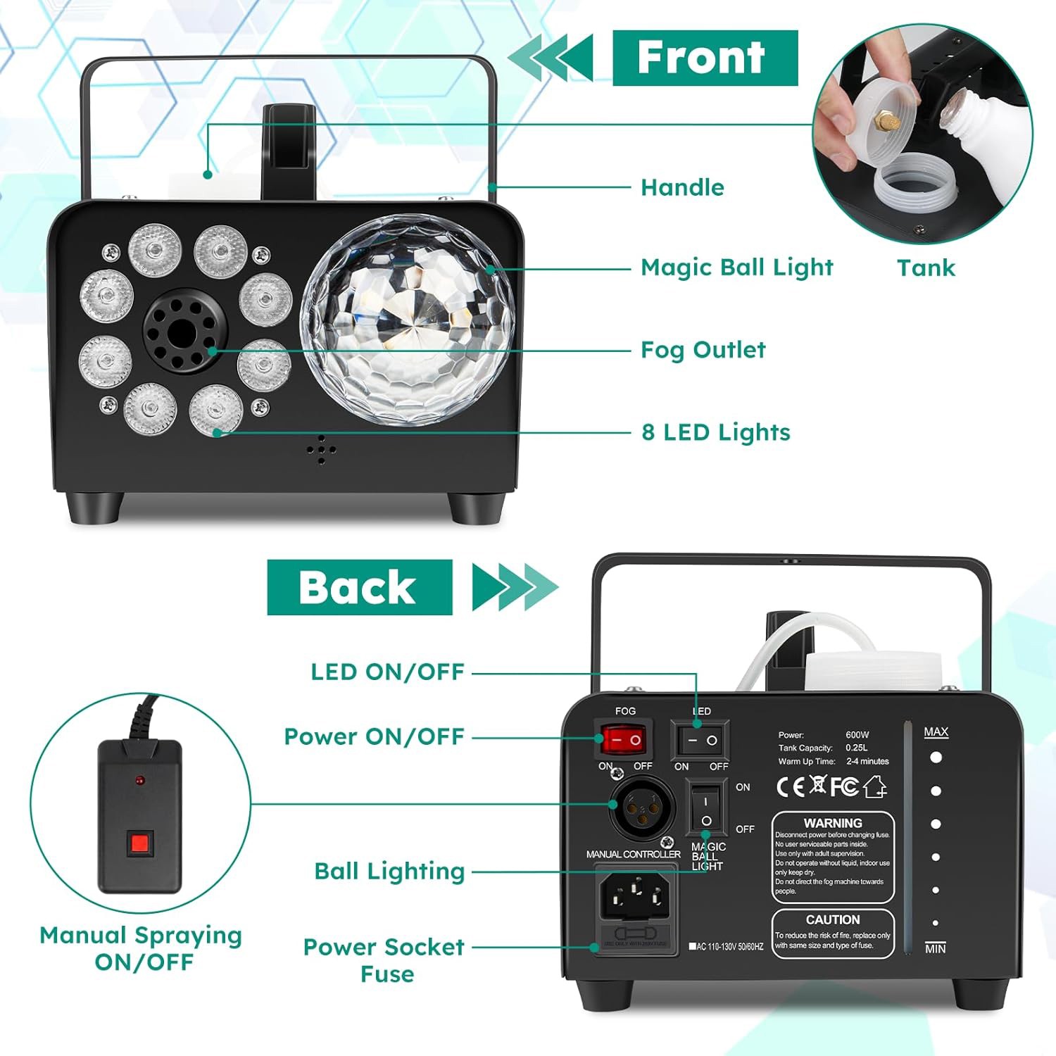 600W Fog Machine Smoke Machine w/ Disco Ball Lights 3000CFM 13-Color LED Effects