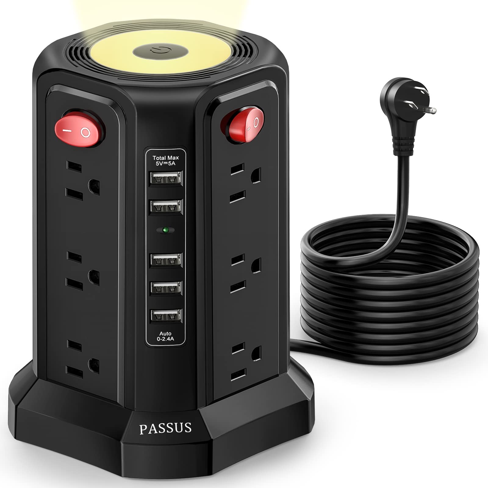 PASSUS Surge Protector Power Strip Tower 12 AC 5 USB Night