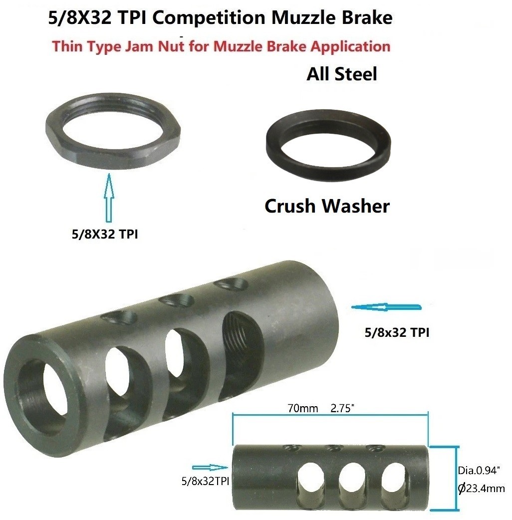 Steel 5/8x32 TPI Muzzle Brake For .458 Socom W 5/8X32 TPI Jam Nut & Crush Washer