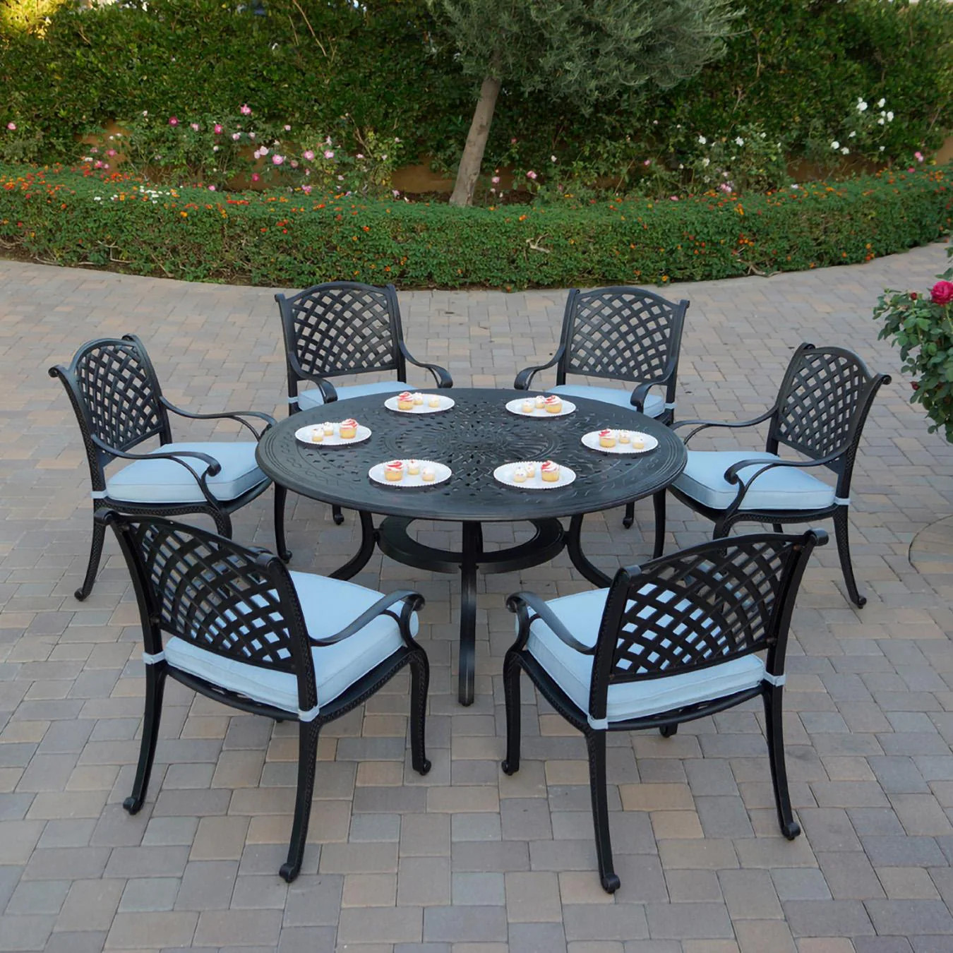 Nassau 7 Pc Cast Aluminum Dining Set in Antique Bronze Blue Cushions By Darlee