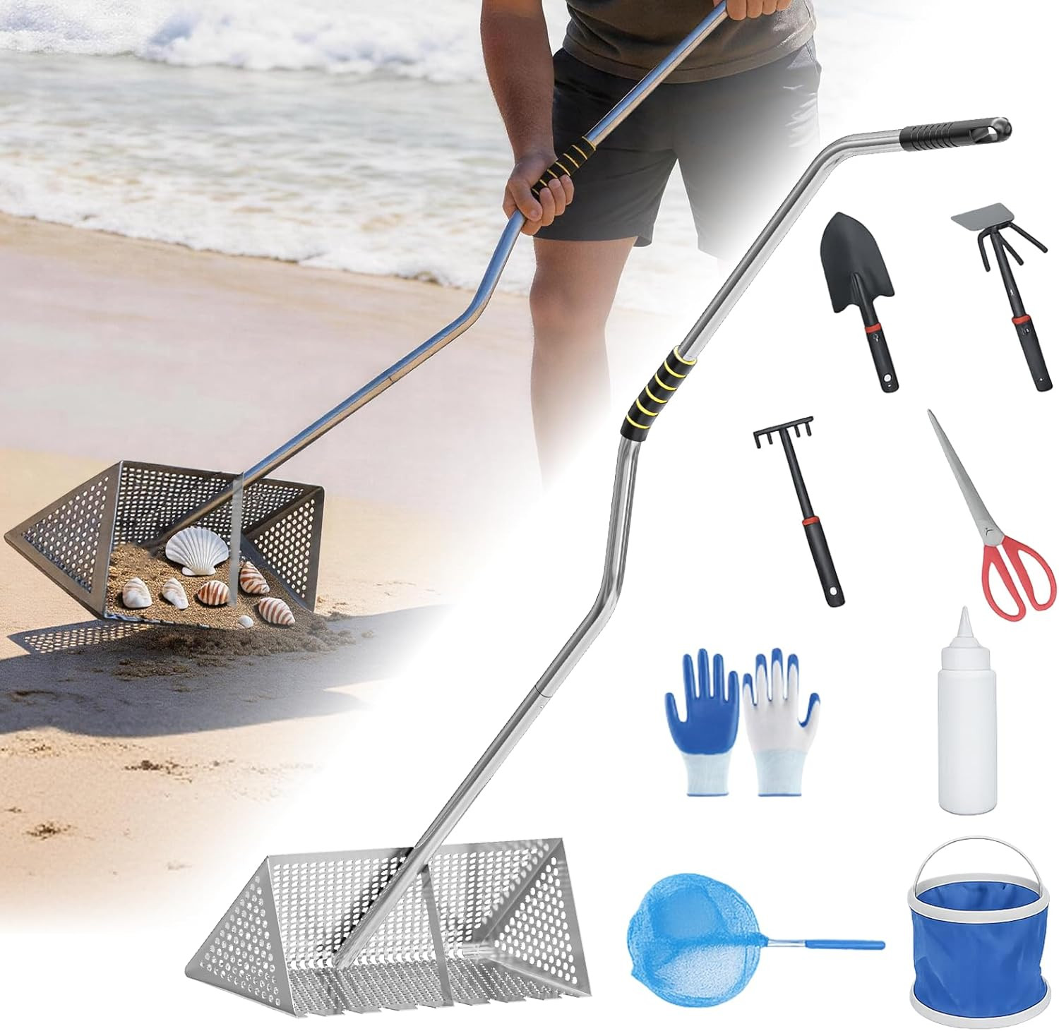 Stainless Steel Sand Flea Rake with Long Handle for Beach Treasure Hunting