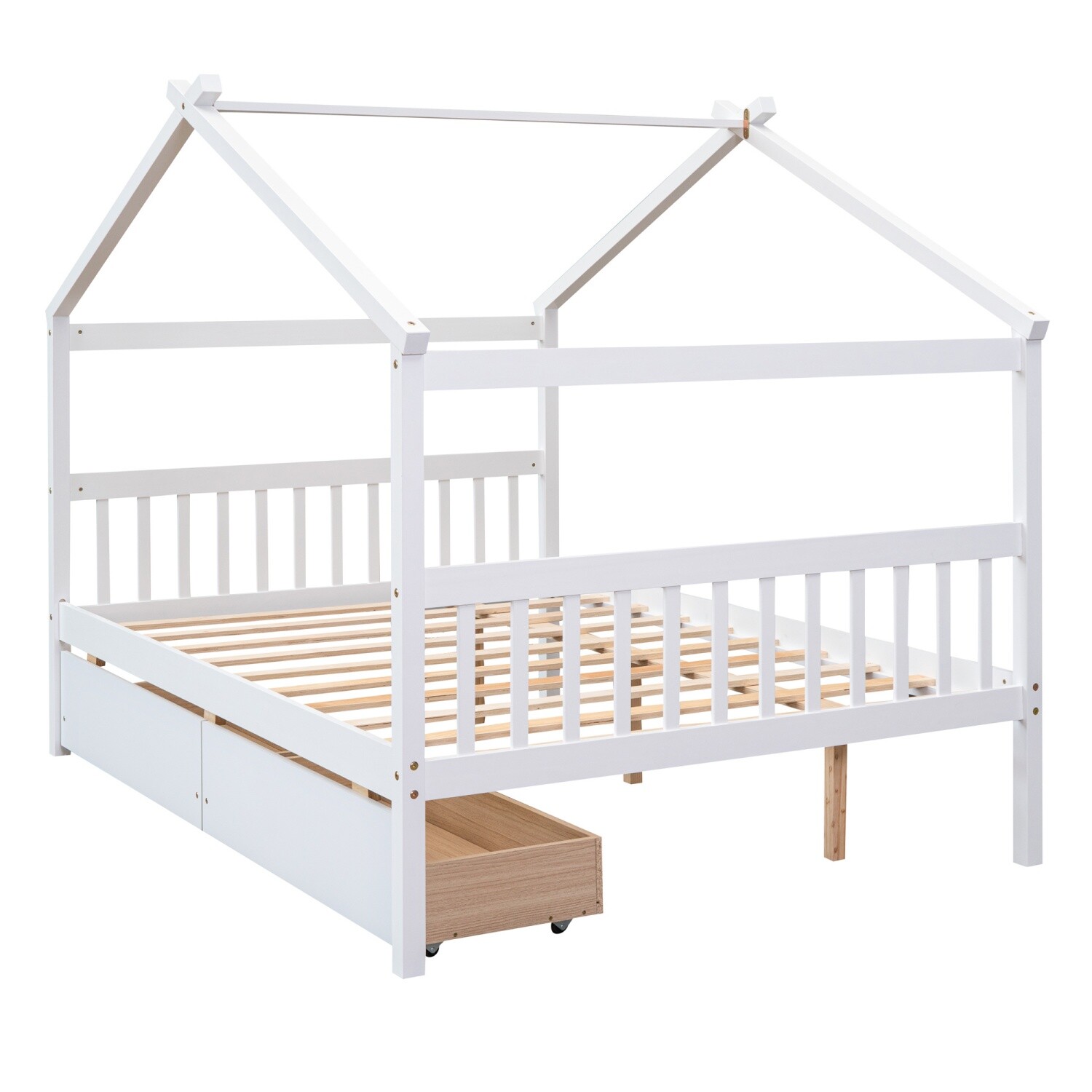 Full Size Daybed Wood Bed Frame Sofa Bed with 2 Drawers White/Natural