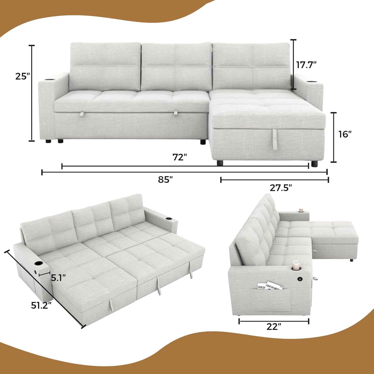 85” 3-in-1 Sofa Bed with Chaise, Charging Station & Cup Holder