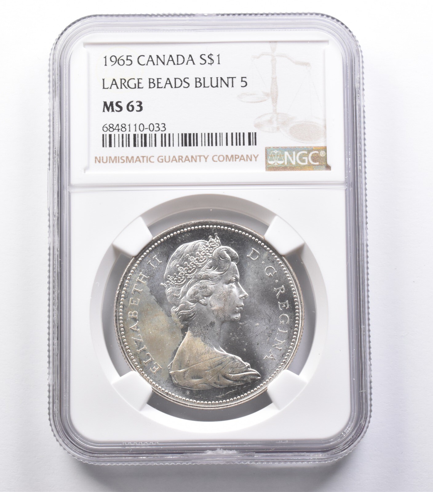 MS63 1965 Canada Silver Dollar Large Beads Blunt 5 NGC Beautifully Toned *5339
