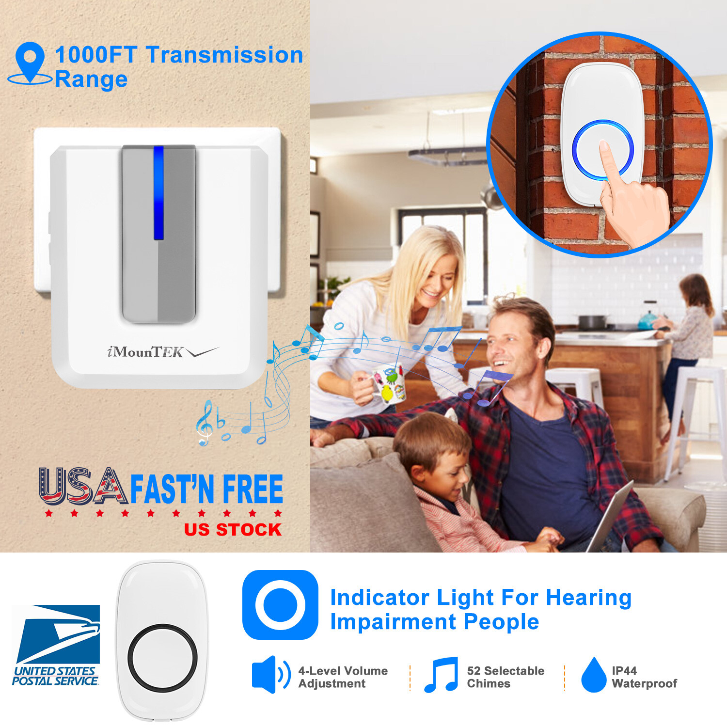 LED 4 Volume 1000FT Wireless Doorbell Chime [1 Plugin Receiver + 1 Transmitter]*