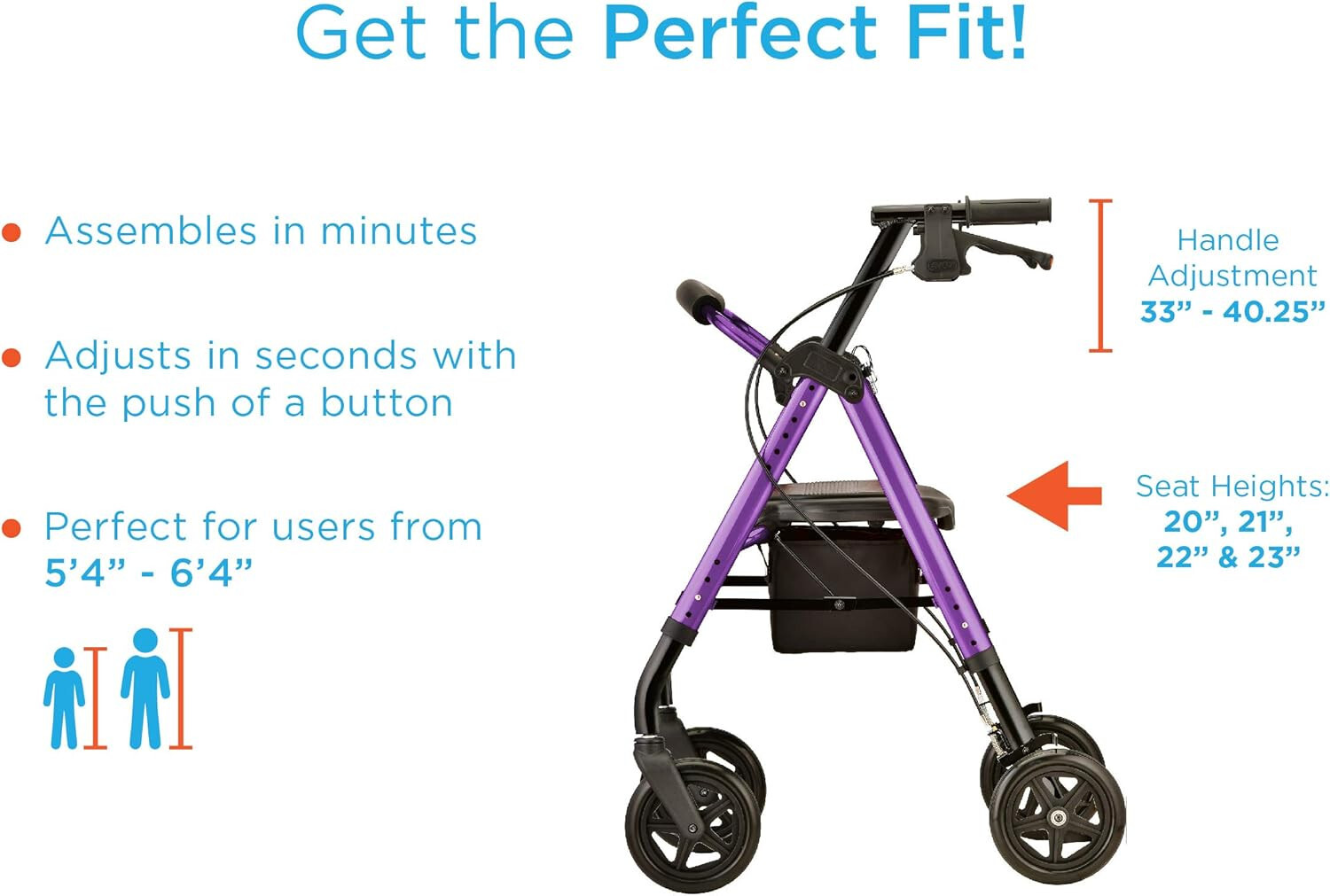NOVA Star Deluxe Rollator Walker - Extra Wide 8" Wheels, Blue - Open Box