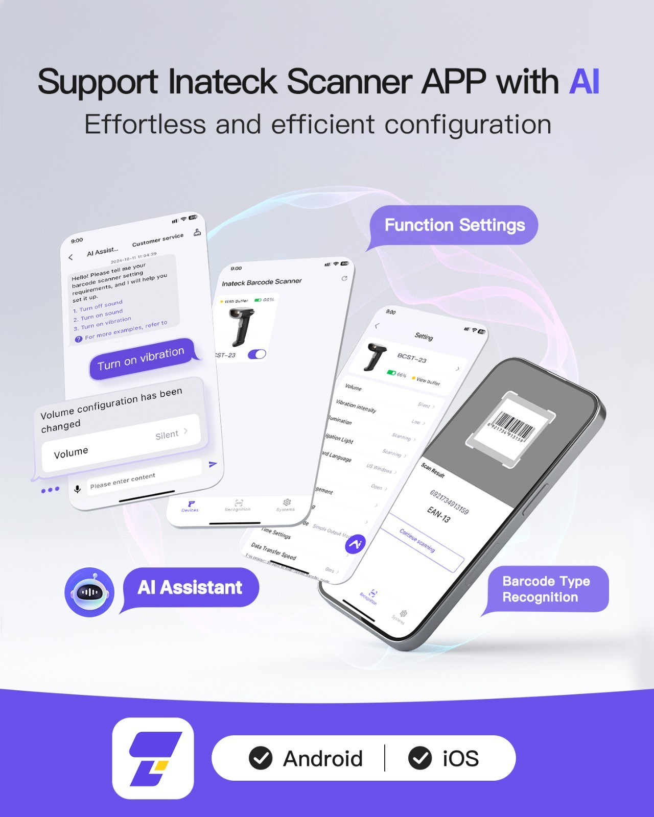Inateck 2D Barcode Scanner, Wireless QR Code Scanner, Handheld Scanner APP SDK