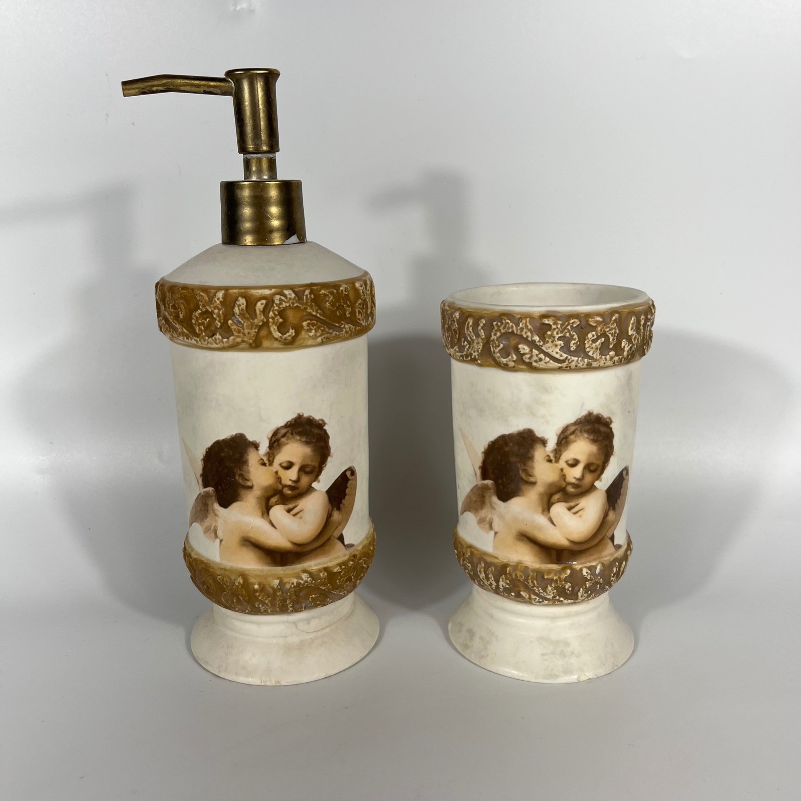 Vtg 90s Y2K Cherub Angel Bathroom Set Soap Dispenser Tumbler Cup Fairy Boho