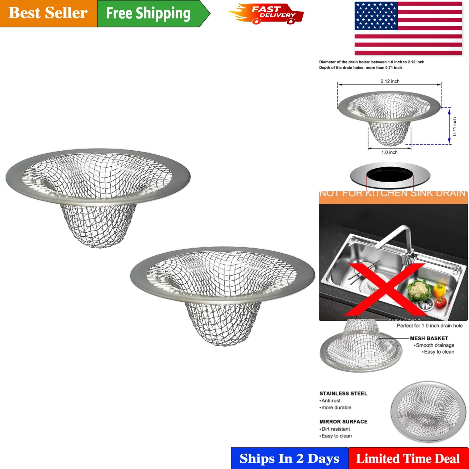 Compact Drain Strainer Baskets - 2-Pack, 1.0 Inch for Laundry and Utility Sinks