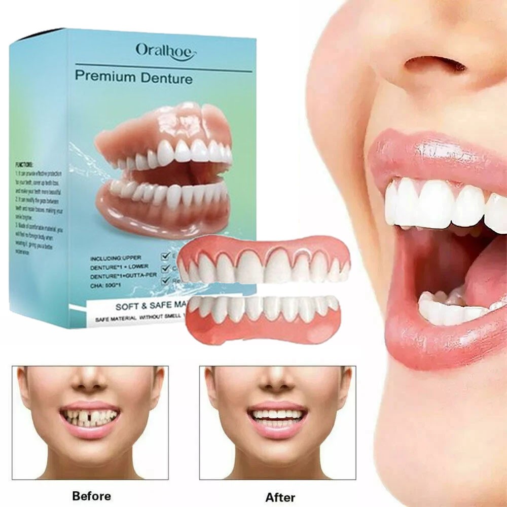 DIY Full Denture Set,Soft & Safe Moldable False Teeth Set,Upper & Lower Braces