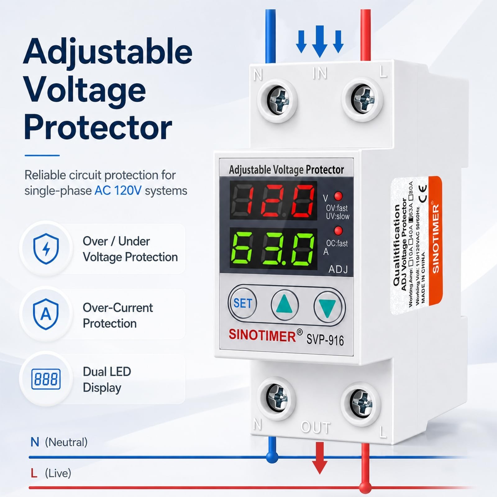 Adjustable Voltage Surge Protector 110VAC 120VAC, 2 LED Displays, Overvoltage...