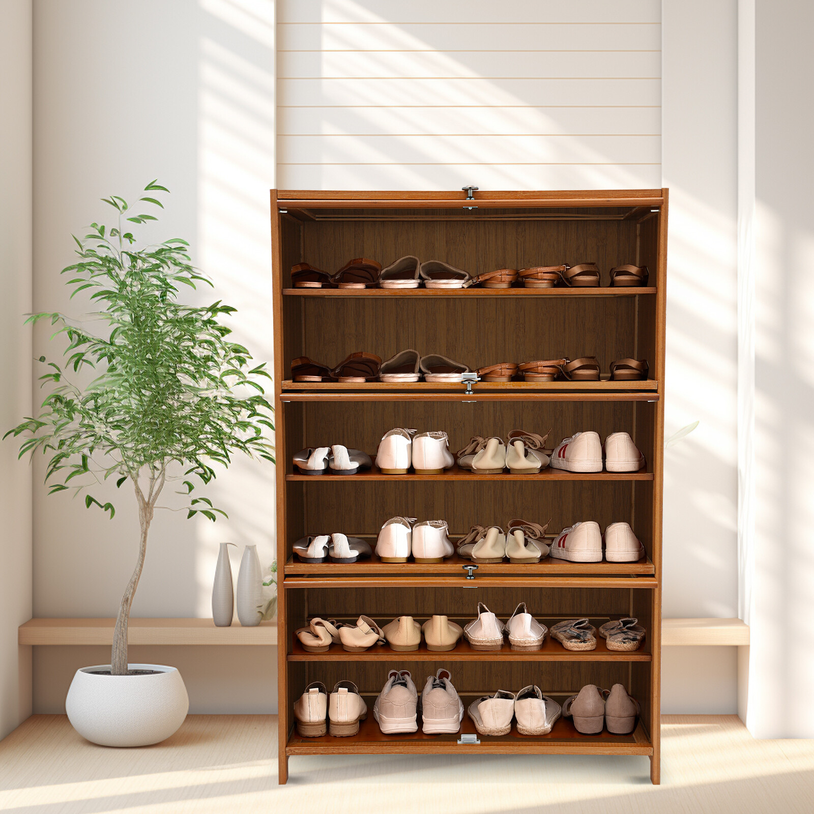 Shoe Organizer 6-Tier Storage Cabinet w/ 3 Flip-up Door 32" Entryway Bamboo