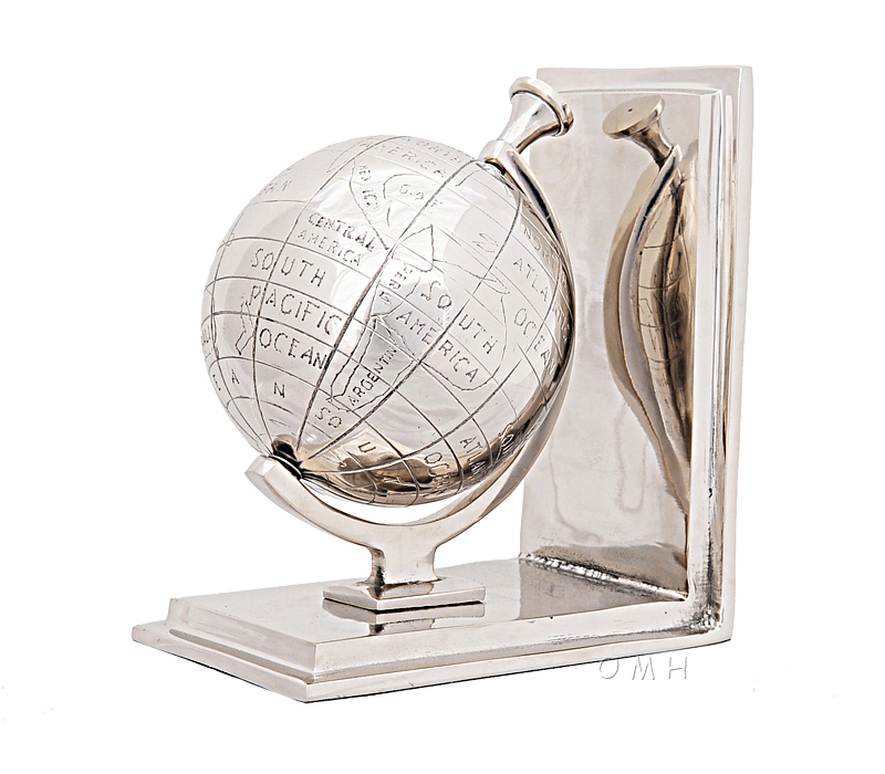 Chrome World Globe Bookend Cast Aluminum 7.75" Nautical Desk Top Bookcase Decor