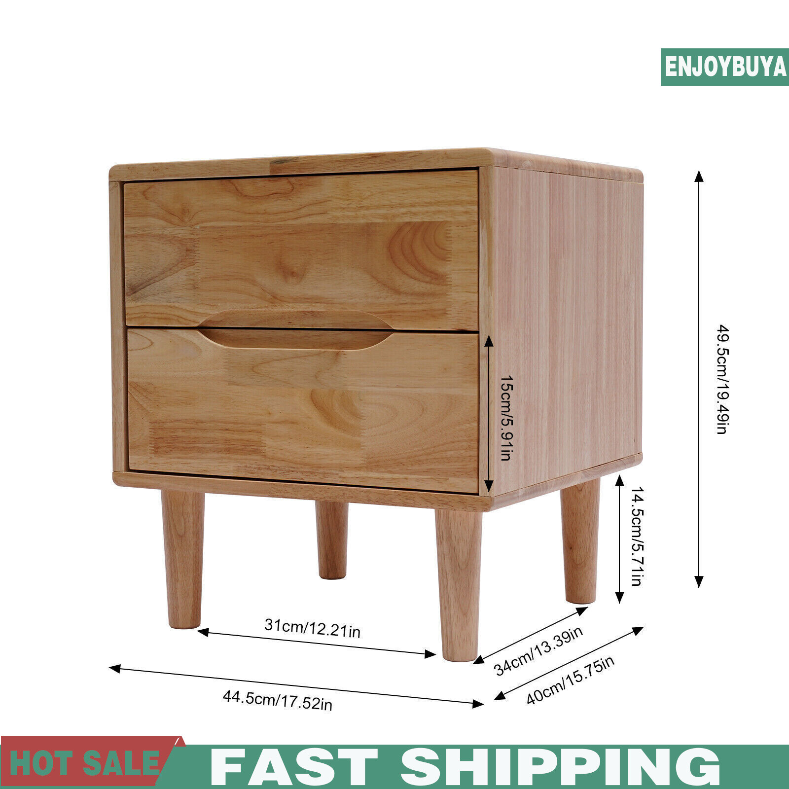 Nordic Style Solid Wood 2 Drawers Bedside Table Nightstand Home Decor