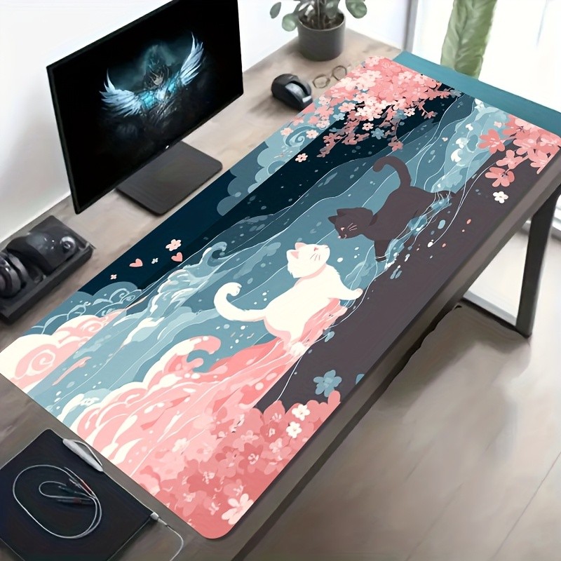 1pc Large Gaming Mouse Pad with Cat & (cherry Blossom) wave design - Non-Slip R