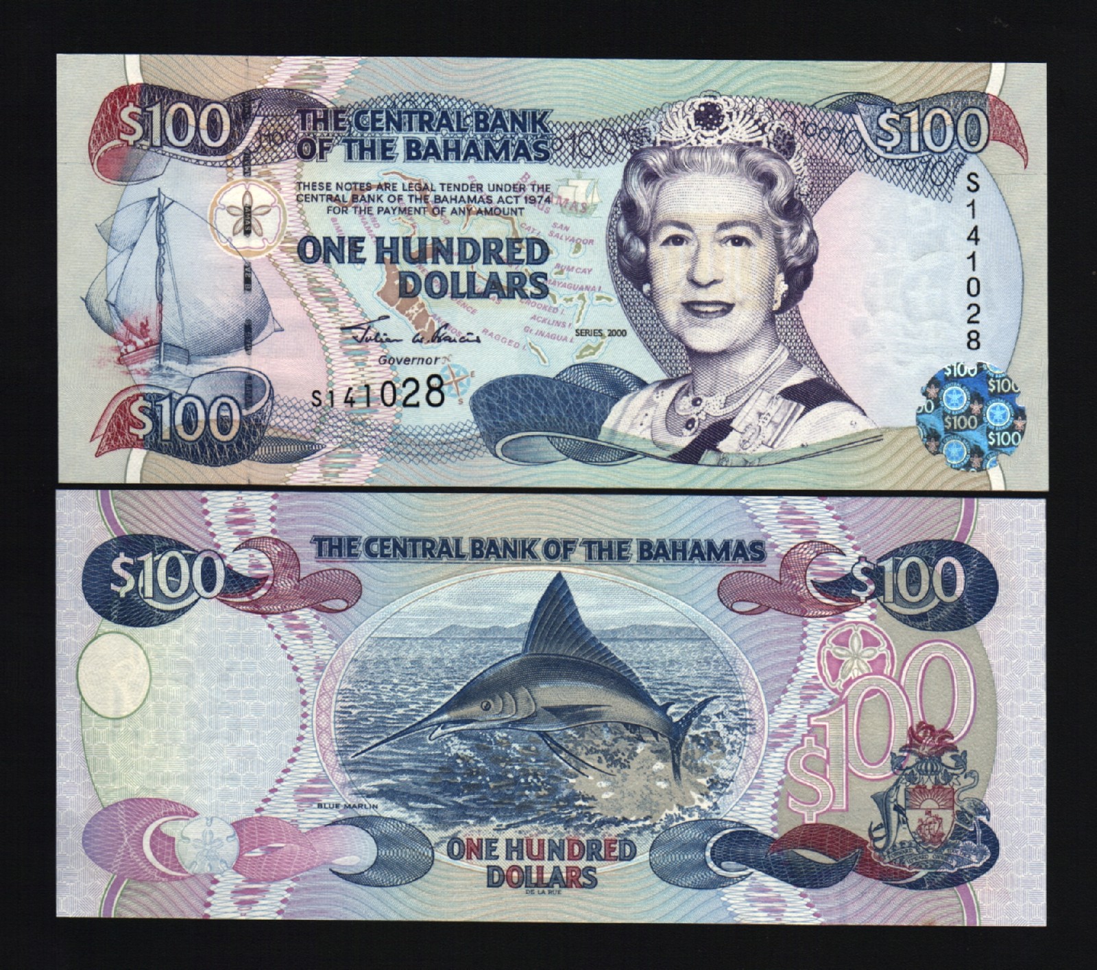 BAHAMAS 100 DOLLARS P-67 2000 QUEEN Elizabeth MARLIN SAILING SHIP UNC BANK NOTE