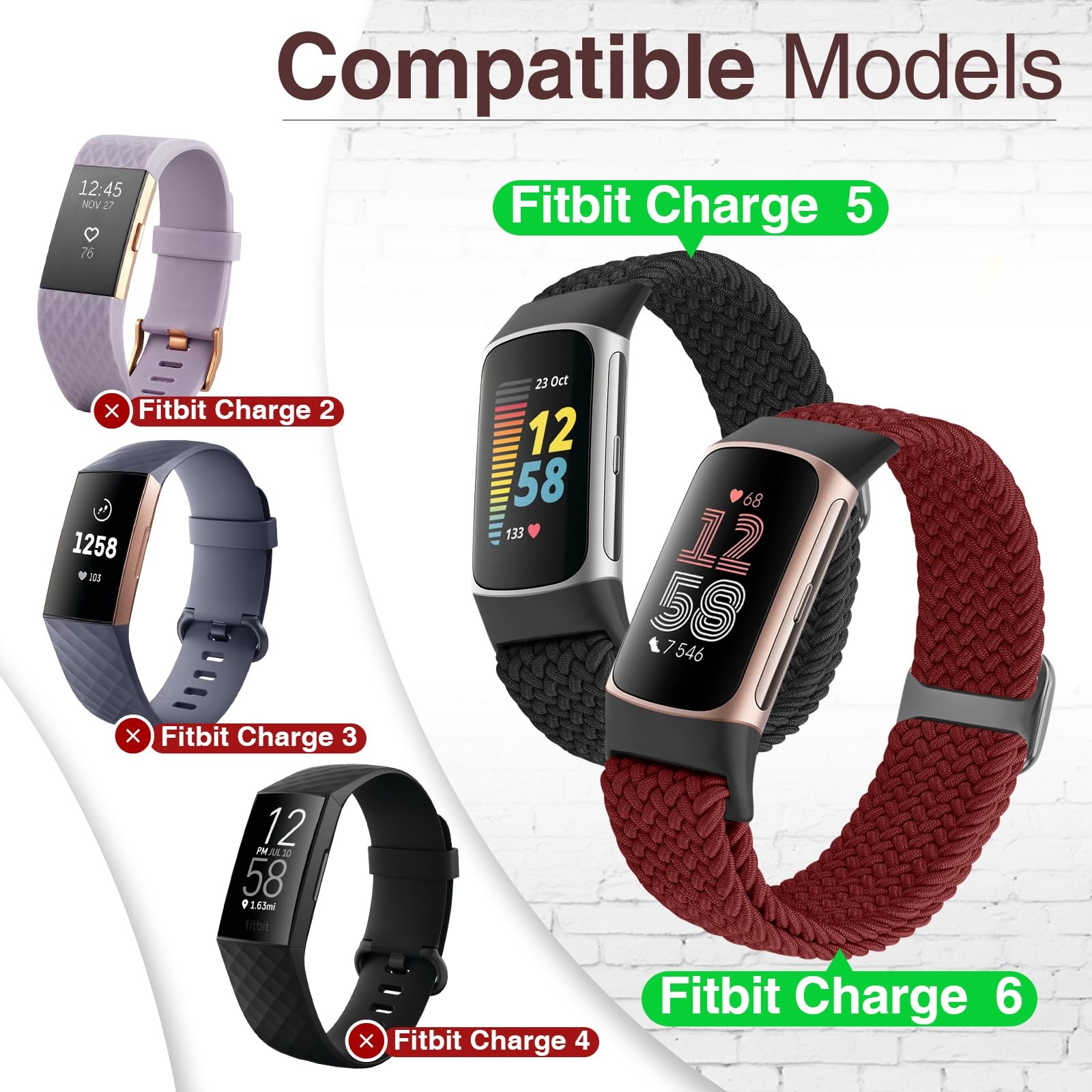 Acortjl Braided Solo Loop Bands Compatible with Fitbit Charge 6/Charge 5, Adj...